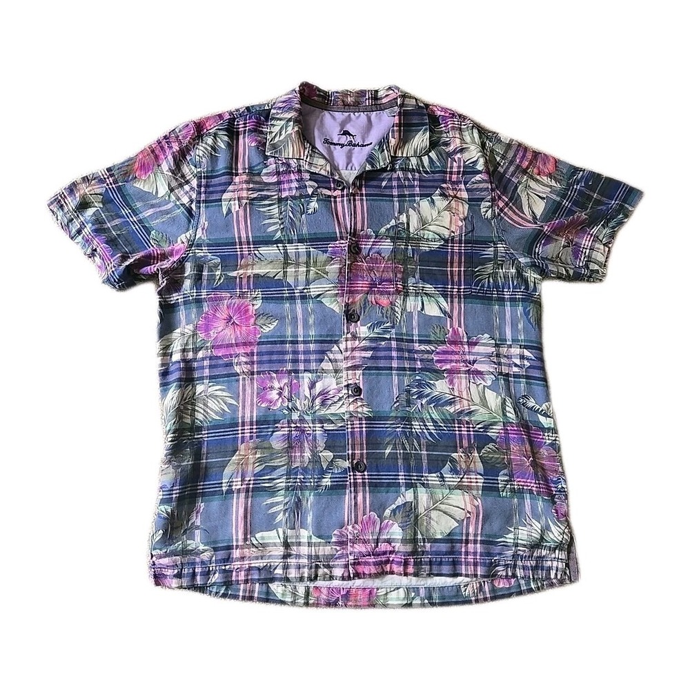 Tommy Bahama Short Sleeve Shirt Huladays Plaid Ocean Deep Purple Floral Medium